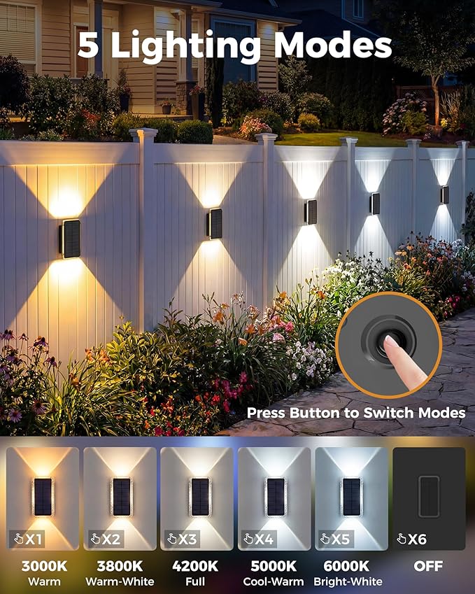 vighep Solar Fence Lights Outdoor 6 Pack, 5CCT(3000K-6000K) Up and Down Solar Wall Lights, IP65 Waterproof Dusk to Dawn Wood Fence Lights Solar Powered for Patio, Porch, Backyard, Garage, Wall Decor