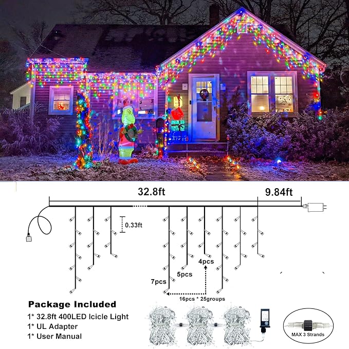 Icicle Lights for Outside - 33FT 400 LED Icicle Christmas Lights Outdoor with 75 Drops 8 Modes, Waterproof Connectable Curtain Hanging Lights for Indoor Patio Eave Roof Party Decorations, Multicolor