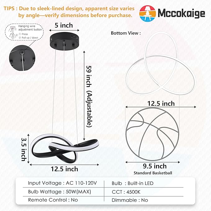 LED Chandelier Modern Pendant Light Fixture Simple Irregular Streamline Ring Light Black with 4500K and 59in Height Adjustable Hanging Lamp for Kitchen Island Hallway Foyer Closet Corridor