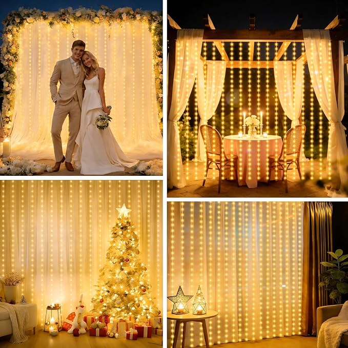 echosari Curtain Lights Battery Operated, 300 LED Fairy Lights 9.8 x 9.8Ft with Timer for Bedroom Wedding Backdrop Indoor Decor (Warm White)