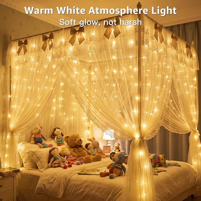 Ollny Curtain Lights 600 LED 19.7x9.8ft, Outdoor Waterproof String Lights for Backdrop, Fairy Light with Remote Timer 8 Modes, Plug in Christmas Light for Wall Wedding Patio Gazebo, Warm White