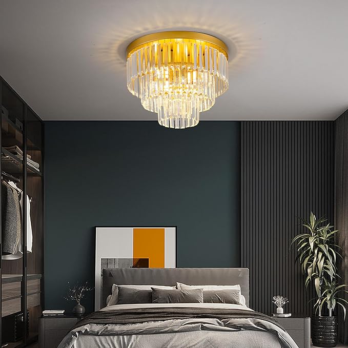 17" Flush Mount Crystal Chandelier 4-Lights Gold Crystal Ceiling Light 3-Tier Luxury K9 Dining Room Light Semi-Flush Ceiling Light for Bedroom Living Room Entryway Kitchen Island Hallway