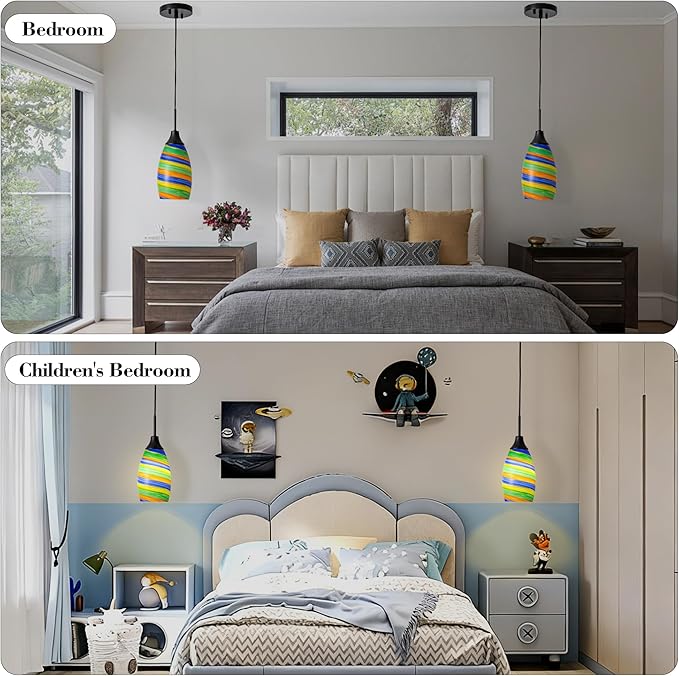 Viinew Mini Glass Pendant Light,4.72" Rainbow Hanging Lights 1-Pack Handblown Oval Rainbow Art Glass Hanging Pendant Light for Kitchen Island,Dining Room,Living,Foyer,Hallway, Entry