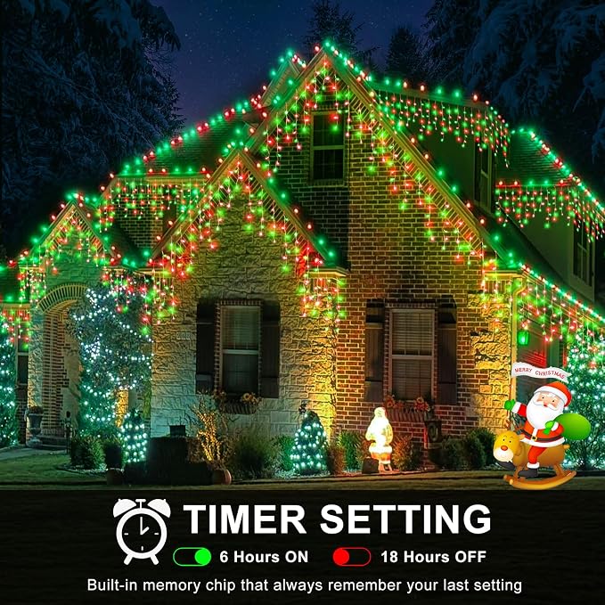 Icicle Christmas Lights Outdoor - 66FT 640 LED Icicle Lights for Outside with 8 Modes Timer, 120 Drops Waterproof Connectable Hanging String Lights Indoor for Roof Party Xmas Decoration, Red and Green