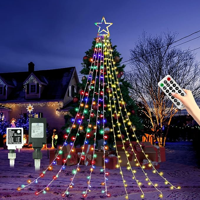 Christmas String Lights 317 LED Star Waterfall Twinkle Fairy Lights Color Changing for Christmas Decorations Party Wedding Indoor Outdoor Decorative Lights