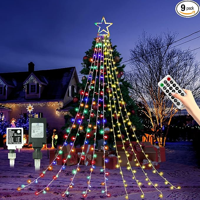 DANLI Outdoor Christmas Decoration Star String Lights,320 LED 16.4ft Christmas Lights Waterfall Tree Lights with 13" Topper Star,Plug-in Hanging Fairy Lights for Xmas New Year Holiday Party