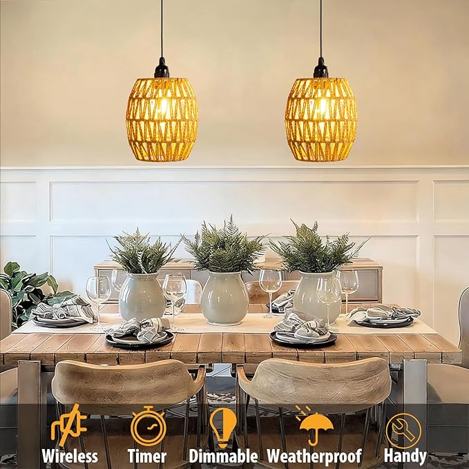 Battery Operated Chandelier, 2 Pack Natural Rattan Pendant Lights - Waterproof Outdoor Boho Hanging Lamps with Egg-Shaped Design, for Patios, Pergolas, Porch, Gazebo & Indoor Ceiling Decor