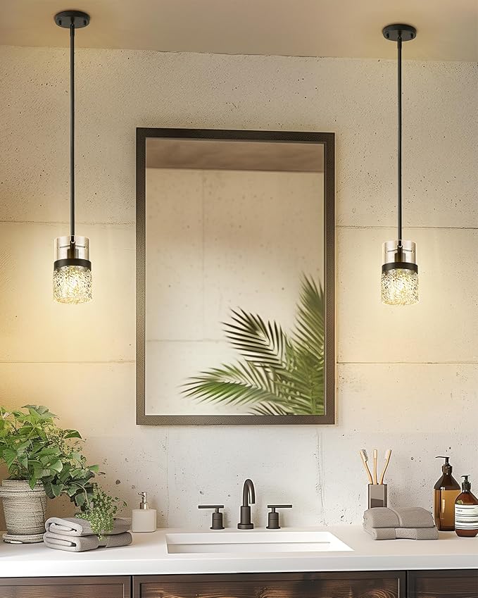 LMS 2-Pack Pendant Lights, 5 Inch Dia Industrial Linear Light Fixtures for Kitchen Island with Adjustable Rods, Medium Hanging Lamp with Hammered Glass, LMS-171PL-BKM-2PK