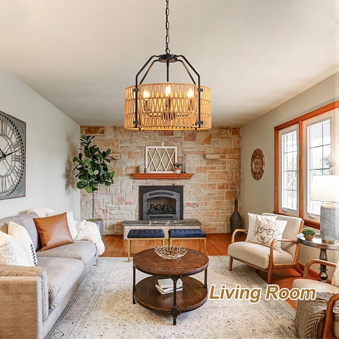 lobolighting 4-Light Rattan Chandelier Light Fixtures, 16.5" Boho Pendant Light with Hand Woven Drum Shade, Modern Farmhouse Chandelier for Dining Room Living Room Kitchen Island Bedroom