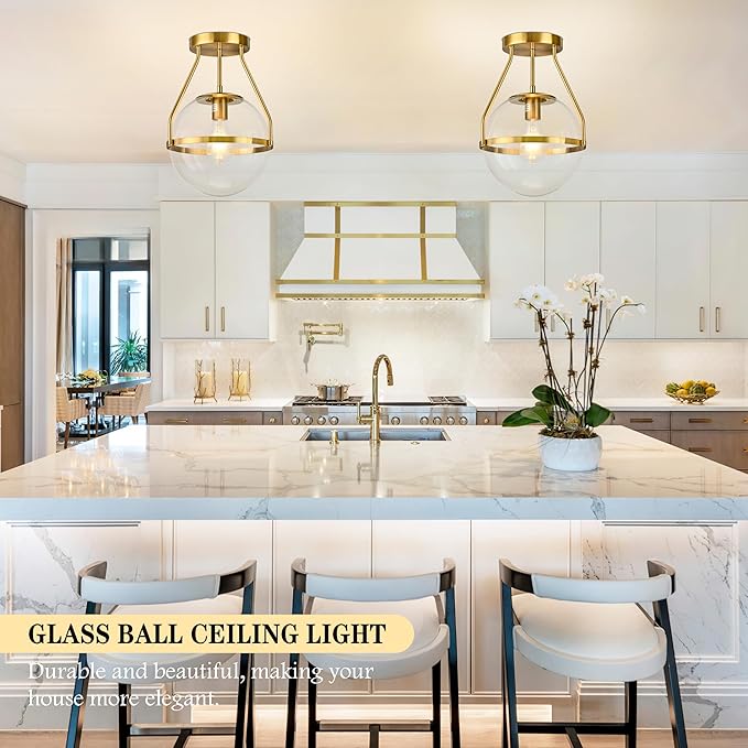 Bagood 10" Semi Flush Mount Ceiling Light with Clear Glass Shade Mid Century Ceiling Light Modern Gold Globe Semi Flush Mount Ceiling Light Fixture for Bedroom Hallway Bathroom Foyer (Bulb Incl.)