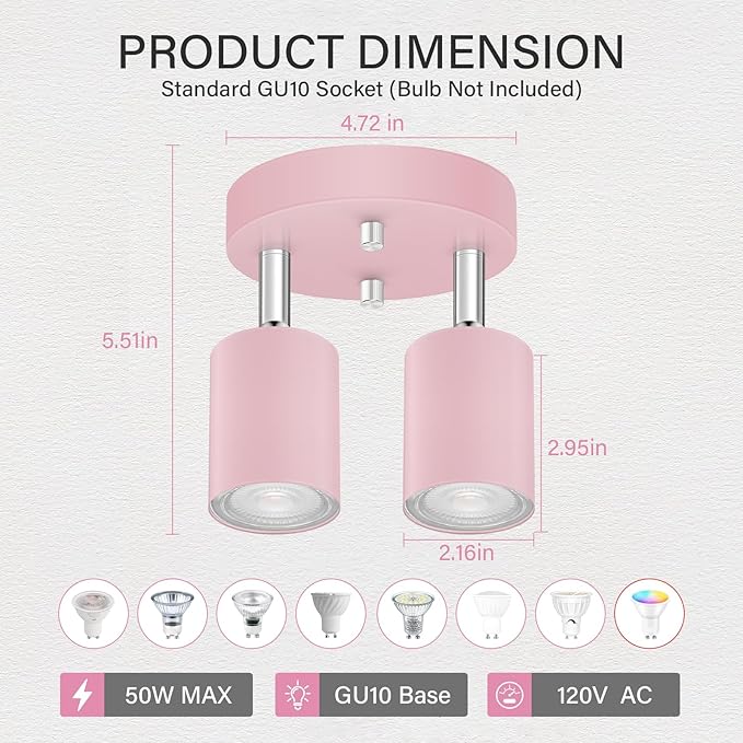 2 Light Track Lighting Fixtures Ceiling, Pink Round Directional Spotlight Fixtures, GU10 Flush Mount Ceiling Fixture, Adjustable Modern LED Track Light for Girl's Room, Bulb Not Included