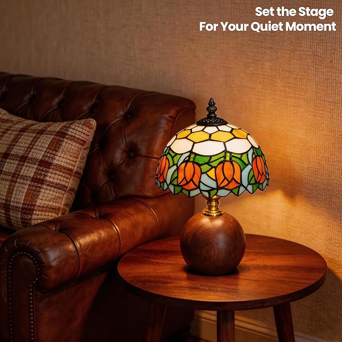 12.2" Tiffany Style Lamp, Handcrafted Stained Glass Table Lamp with Solid Wood Base, 3-Color Dimmable Bedside Lamp for Nightstand & Bedroom, Vintage Aesthetic Accent Light