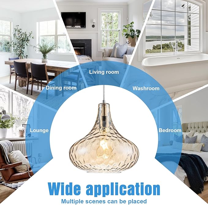 Amber Glass Pendant Light - 11-Inch Hammered Glass Ceiling Light with Brushed Nickel Finish, Adjustable Hanging Cord, Modern Lighting for Kitchen Island, Dining Room, Living Room & Hallway