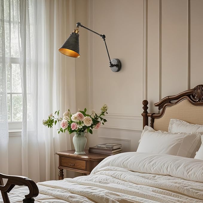 JONATHAN Y 7" Rustic Dark Gray/Brass Gold Classic Industrial Metal Adjustable Arm LED Wall Sconce for Bedside Reading, Farmhouse Swing Arm Wall Lamp with Metal Shade, Hardwired (JYL7462D)