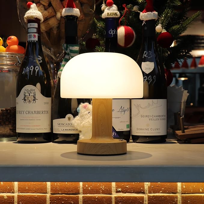 HAPYGI Small Mushroom Table Lamp, Cordless Night Light with 2600mAh Rechargeable Battery, Stepless Dimming Desk Lamp with 3 Colors for Bedroom/Patio/Living Room (Wooden-1)