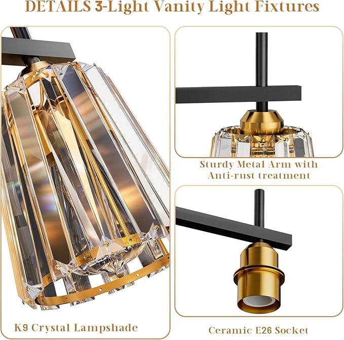 Crystal Bathroom Light Fixtures Over Mirror, Black Gold 3-Light Bathroom Vanity Lights Over Mirror Modern Wall Lighting Sconces with Ceramic E26 Base (Bulbs Not Include)