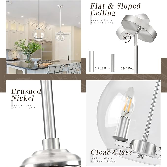 10" Globe Pendant Lights Kitchen Island 2 Pack Glass Globe Pendant Light Fixture Bedroom Mid Century Modern Pendant Lighting Nickel Pendant Light for Kitchen Island (Bulb Incl.)