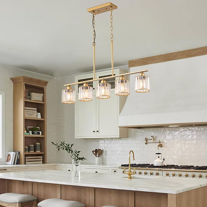 36" Chandeliers for Dining Room, Brass Pendant Lights Kitchen Island Lighting, 5-Light Gold Dining Room Light Fixture Chandeliers over Table Brushed Gold Island Lights for Kitchen, K9 Crystal Shades
