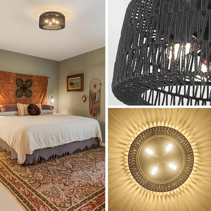 Rattan Light Fixtures Ceiling Mount,4-Lights Boho Flush Mount Ceiling Light with Hand-Woven Shade, 18''Rattan Farmhouse Chandelier for Hallway Bedroom Kitchen Farmhouse Foyer Entryway (Black)