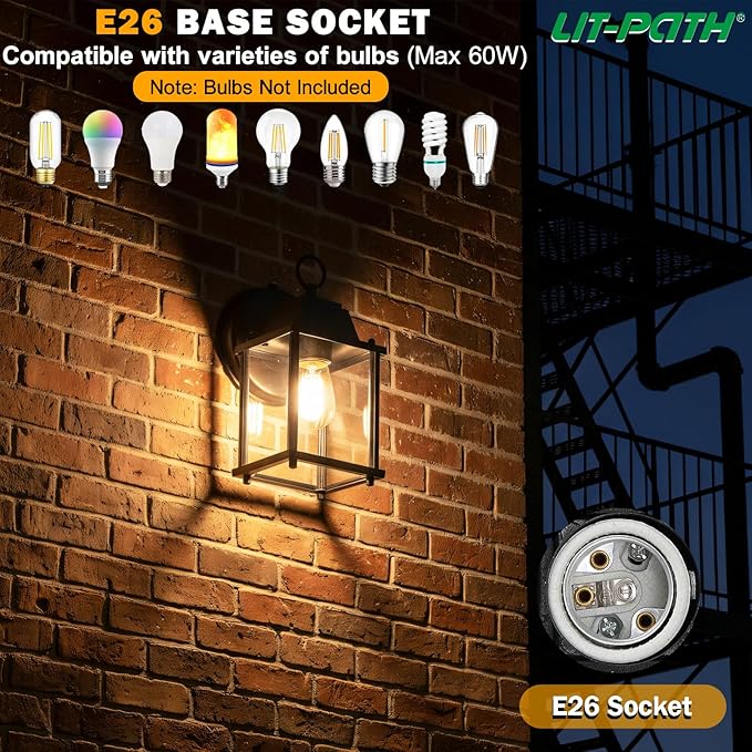 LIT-PaTH Dusk to Dawn Outdoor Wall Lantern, Wall Sconce, Waterproof Proch Light Fixture E26 Base, Aluminum Housing Glass Shade, Outdoor Rated, 2-Pack, Black