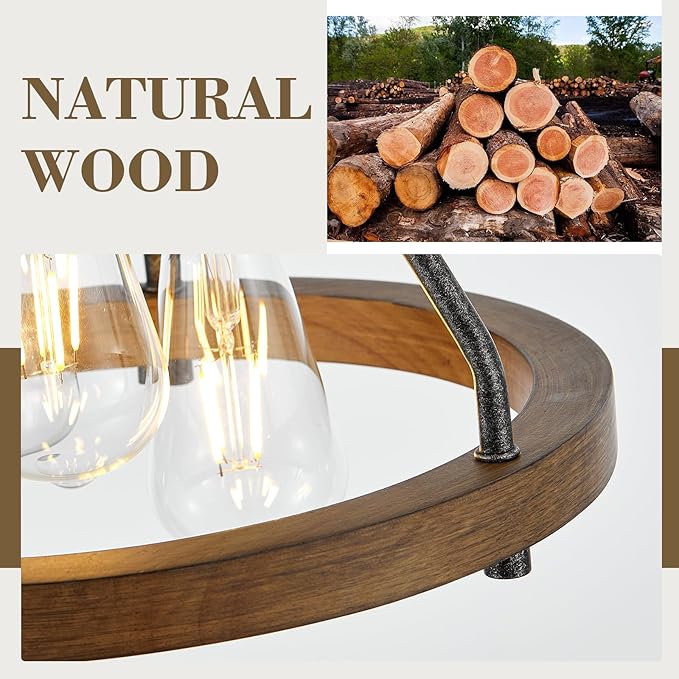 Retro Industrial Flush Mount Ceiling Light Fixture with Wood Circle Shade 3-Light Rustic Black Ceiling Light for Hallyway Entryway Bedroom Kitchen Sink
