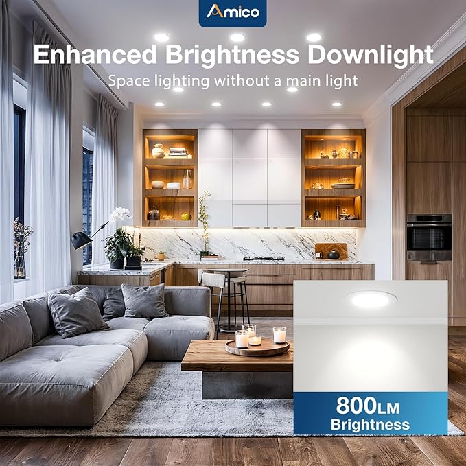 Amico 6 Pack 4 Inch 5CCT Ultra-Thin LED Recessed Dimmable Ceiling Light with Junction Box, 2700K/3000K/3500K/4000K/5000K Selectable, 10W Eqv 60W, 800 Lumens, High Brightness Downlight - ETL&FCC