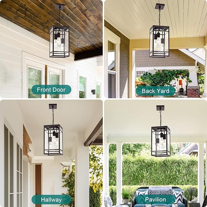 Large Outdoor Pendant Light Fixture for Porch, Oil Rubbed Bronze Outdoor Hanging Lantern Pendant Light with Clear Glass, 3 Lights Exterior Porch Chandelier for Outside Patio,Front Door,Enterway
