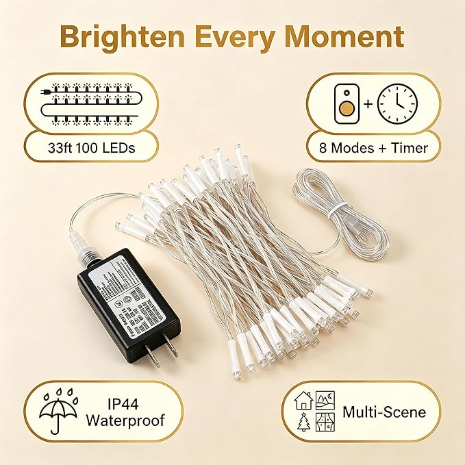Warm White Christmas Lights - 100 LED 33ft String Lights for Bedroom Indoor, 8 Modes Fairy Twinkle Lights Plug in, Waterproof Outdoor Hanging Lights for Room, Xmas Tree, Garden & Party Decor
