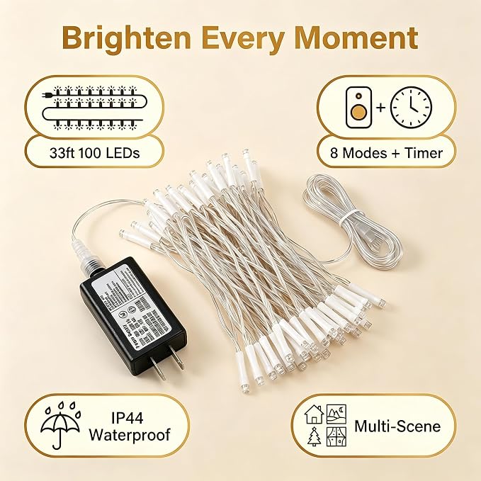 Multicolor String Lights for Indoor Bedroom, 33FT 100 LED Fairy Lights with 8 Modes & Memory, Plug in Twinkle Christmas Light, Waterproof for Outdoor Patio, Garden, Classroom, Dorm or Tree