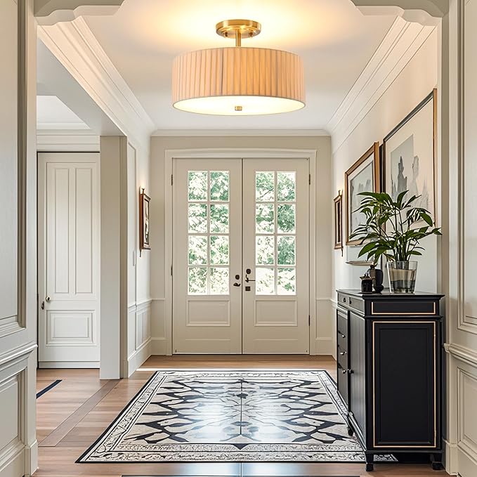 13.8 Inch Semi Flush Mount Ceiling Light Fixture, 3-Light Modern Farmhouse Drum Pendant with Fabric Shade for Bedroom Hallway Entryway Living Room (Oatmeal Pinch Pleated+Brushed Bronze)