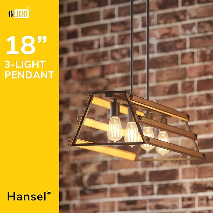 Inlight 34" Wide Farmhouse 4-Light Kitchen Island Pendant Light, Textured Black and Faux Painted Wood Finish, Rustic and Industrial Design Linear Chandelier for Dining Room, IN-0335-4-WD