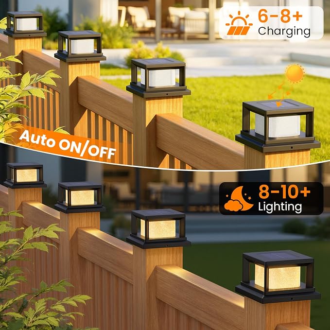 Mlambert 4x4 Solar Post Cap Lights 8-Pack, 2 Lighting Modes Solar Fence Cap for Wooden Vinyl Post, Waterproof Deck Light Patio Porch Decoration, Black