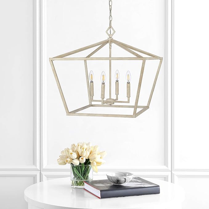 JONATHAN Y 23" Antique White 4-Light Rustic Glam Adjustable Iron LED Pendant, Open Cage Lantern Hanging Light for Dining Room, Kitchen Island, Foyer, Farmhouse French Country JYL7520A