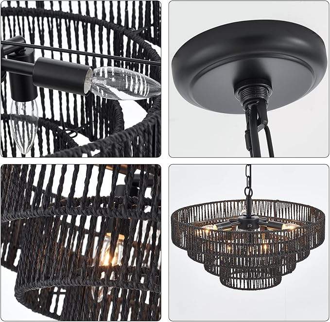 20” Hand-Woven Rattan Chandelier 6-Lights Transitional Minimalist 4 Round Boho Large Pendant Light for Kitchen Island Dining Room Living Room Hallway, Matte Black, UL Listed