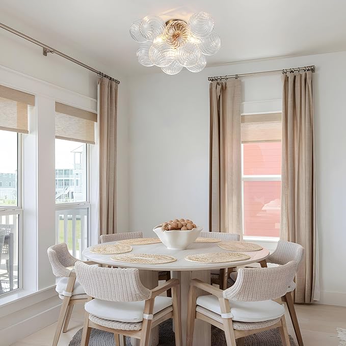 GoYeel Semi Flush Chandelier Gold, Modern Light Fixtures Ceiling Mount Lighting Pendant 3 Light Dining Chandeliers Over Table Glass 18.5" 13 Clear Swirled Globe for Foyer Bedroom Kitchen