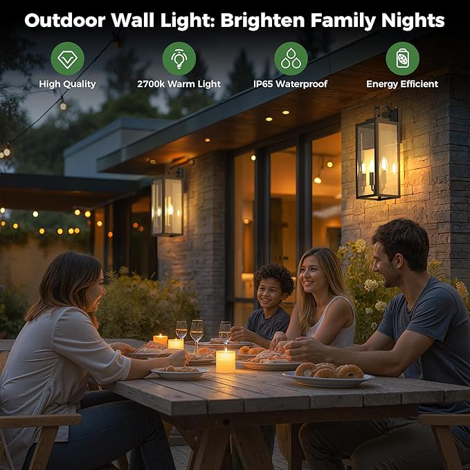 DORESshop 20" Dusk to Dawn Outdoor Wall Lights, 2-Light Black Outdoor Wall Sconce Lantern with Clear Glass, Tall Transitional Exterior Light Fixtures for Porch, Garage, ETL Listed, 2 Pack