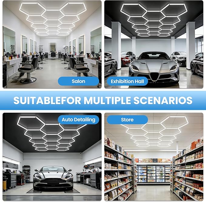 Hexagon Garage Light 370W 44460LM 6500K Ultra Bright LED Shop Lights with 14 Pack for Car Detailing, Warehouse, Workshop, Basement, Gym Lighting