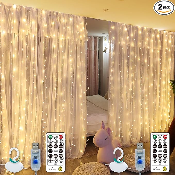 HXWEIYE 300LED Fairy Curtain Lights, 9.8x9.8Ft USB Plug-in 8 Modes Christmas String Hanging Lights with Remote for Bedroom Backdrop Wedding Indoor Wall Decor, Warm White, Standard – 2 Pack