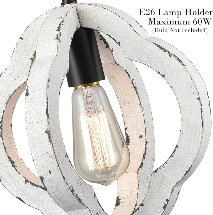 SAMTEEN Farmhouse Wood Pendant Light Distressed White Wood Chandelier Lighting with Adjustable Chain Wooden Hanging Light Fixtures for Kitchen Island Dining Room Bedroom