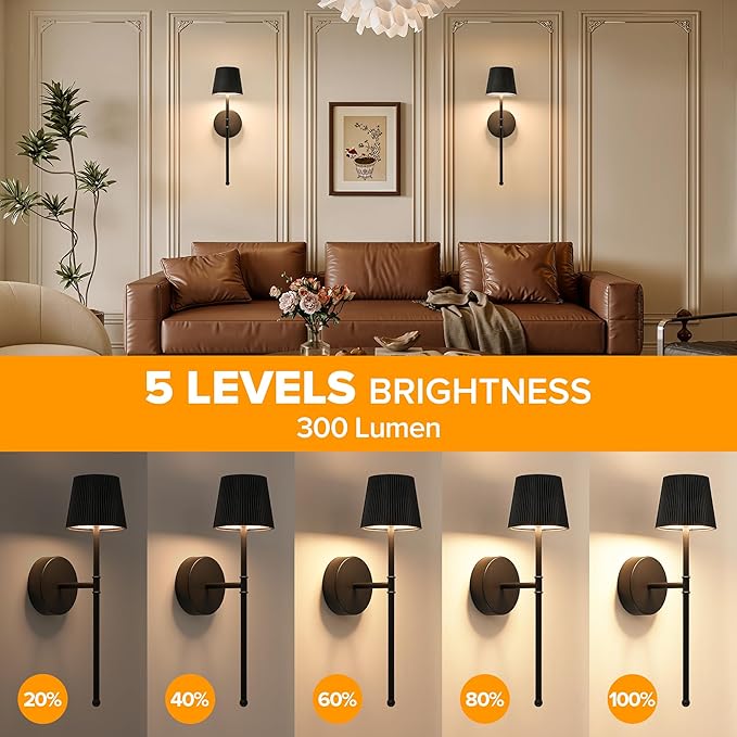 LUTEC Cordless Wall Sconces Set of 2, 5200mAh Wireless Rechargeable Battery Operated LED Wall Lamps, 3 Color Stepless Dimming Portables Lightings for Wall Painting/Living Room/Bedroom/Hallway Decor