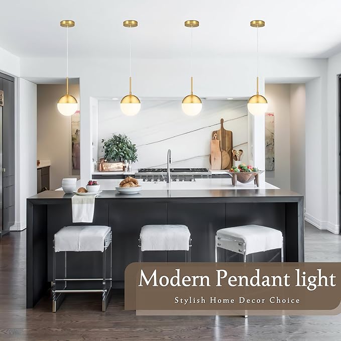 6 Inch Gold 2 Pack Mid Century Modern Pendant Light Pendants for Kitchen Island Frosted Milky White Glass Globe Height-Adjustable Modern Hanging Globe Pendant Light for Bedroom (Bulb Incl)
