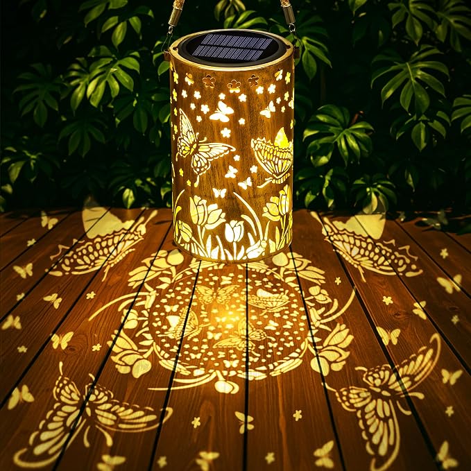 Toodour Solar Lantern Outdoor, Butterfly Gifts for Mom Grandma Women Hanging Solar Outdoor Lights Waterproof, Hollow Out Retro Metal Butterfly Lights for Patio, Balcony, Walkway, Yard Decorations