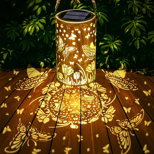 Toodour Solar Lantern Outdoor, Butterfly Gifts for Mom Grandma Women Hanging Solar Outdoor Lights Waterproof, Hollow Out Retro Metal Butterfly Lights for Patio, Balcony, Walkway, Yard Decorations