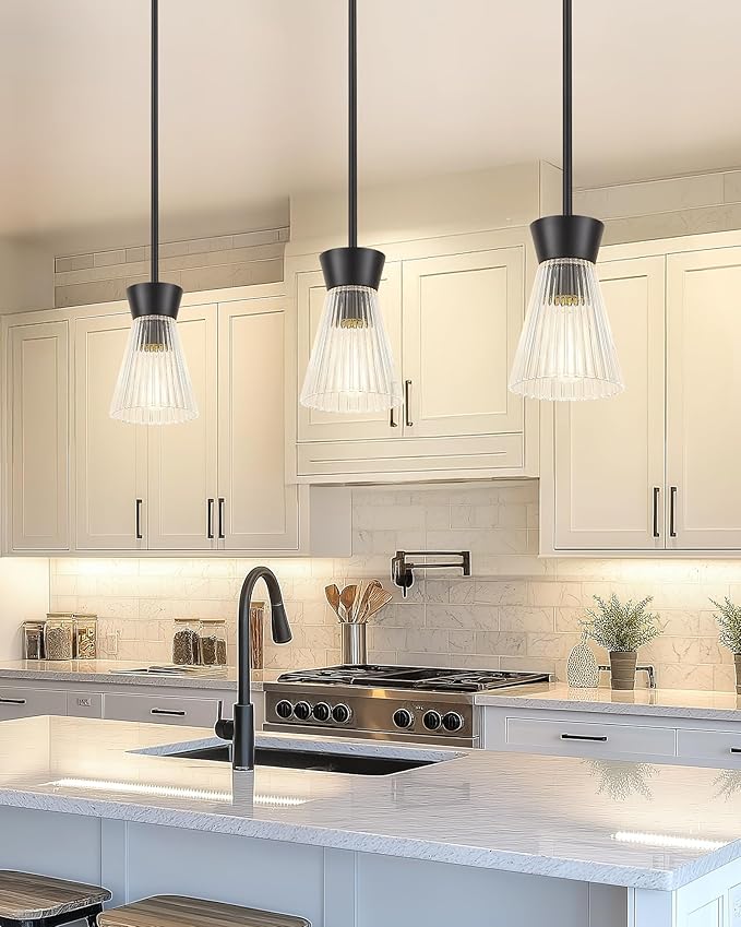 Modern Pendant Light, HWH 1-Light Adjustable Hanging Lighting for Kitchen, Living Rooms, Bedrooms, Black Kitchen Island Lights with Clear Striped Glass, Matte Black Finish, 5HZG107MIL BK