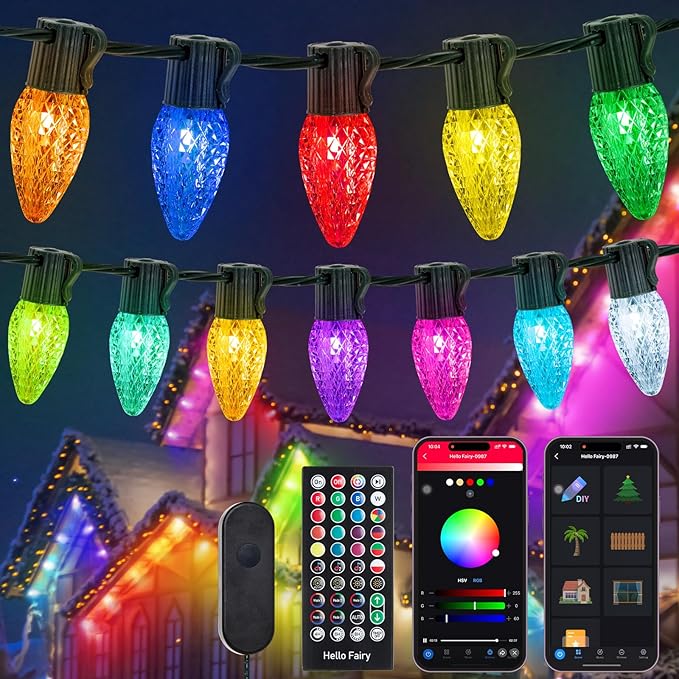 HOLILLUMA Smart C9 Christmas Lights Outdoor, 118FT 150LED RGB Color Changing String Lights, App&Remote Control, Music Sync, Connectable LED Christmas Tree Lights for Outdoor House Holiday Decoration