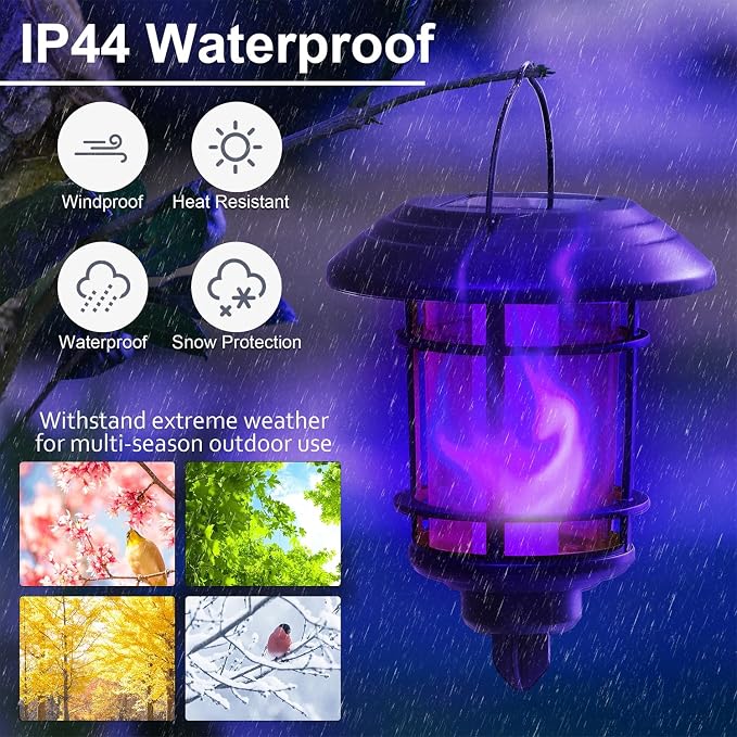 Dynaming Solar Purple Flame Wall Lanterns, Outdoor Halloween Hanging Lights, Flickering Flame LED Auto On/Off Wall Mounted Sconce Lights with Hooks, Waterproof for Garage Stair Patio Porch, 2 Pack