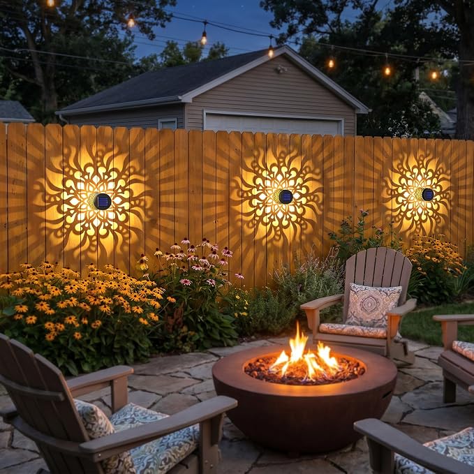 Solar Fence Lights 4 Pack Outdoor Deck Step Wall Lights Metal Waterproof LED Warm Yellow Light for Garden Post Patio Backyard Yard Decor (Mandala-2, 4)