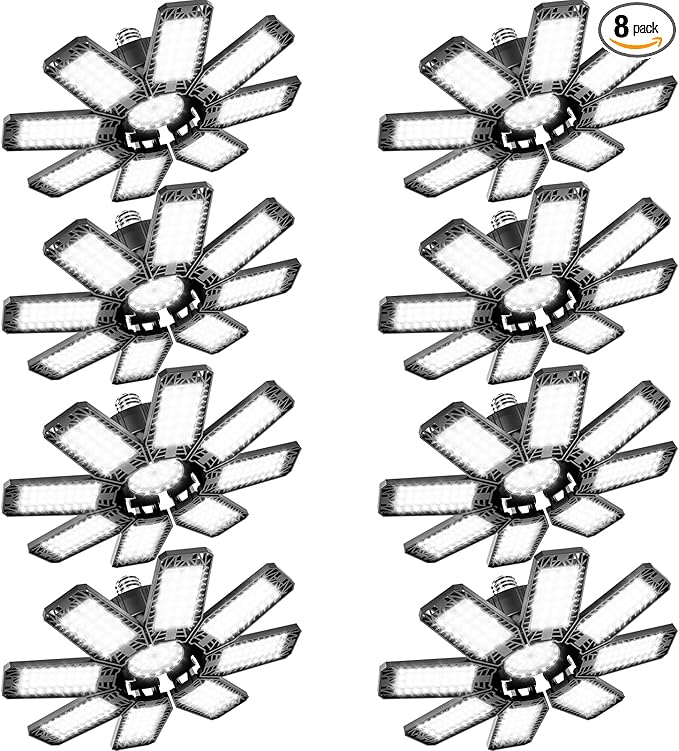 Garage Light 8 Pack - 240W 24000LM 6500K Garage Lights Ceiling LED with 8+1 Deformable Panels, E26/E27 Screw Socket in LED Shop Light for Workshop, Basement, Gym, Barn, Warehouse etc Bay Lighting