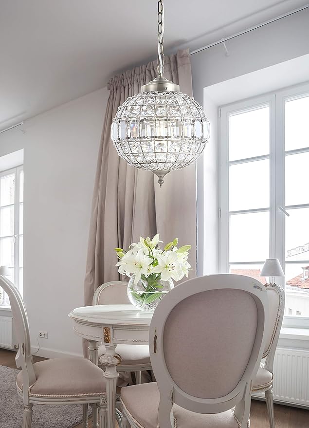 JONATHAN Y 12" Antique Brass Modern Crystal LED Pendant Light for Kitchen, Clear Crystal Shade, Glam Globe Chandelier Hanging Ceiling Lamp for Dining Room Entryway JYL6110A