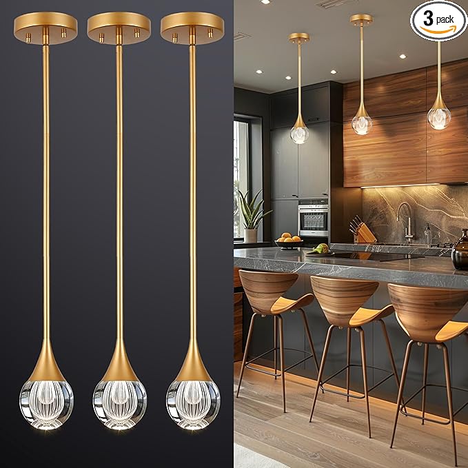 3-Pendant Lights Kitchen Island, Brass Gold Globe Crystal Ceiling Hanging Light Fxitures, LED Light Fixtures Metal Rod Ceiling Glass Pendant Lighting for Kitchen Island Dining Room Bar